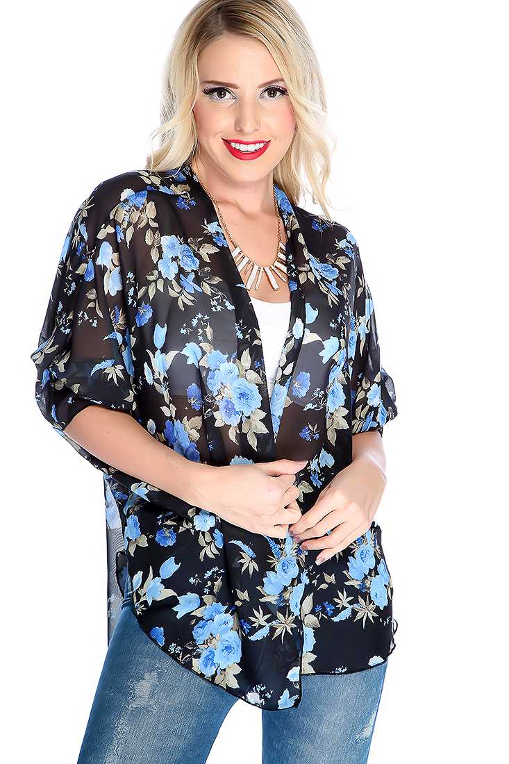 Black Floral Print Casual Kimono