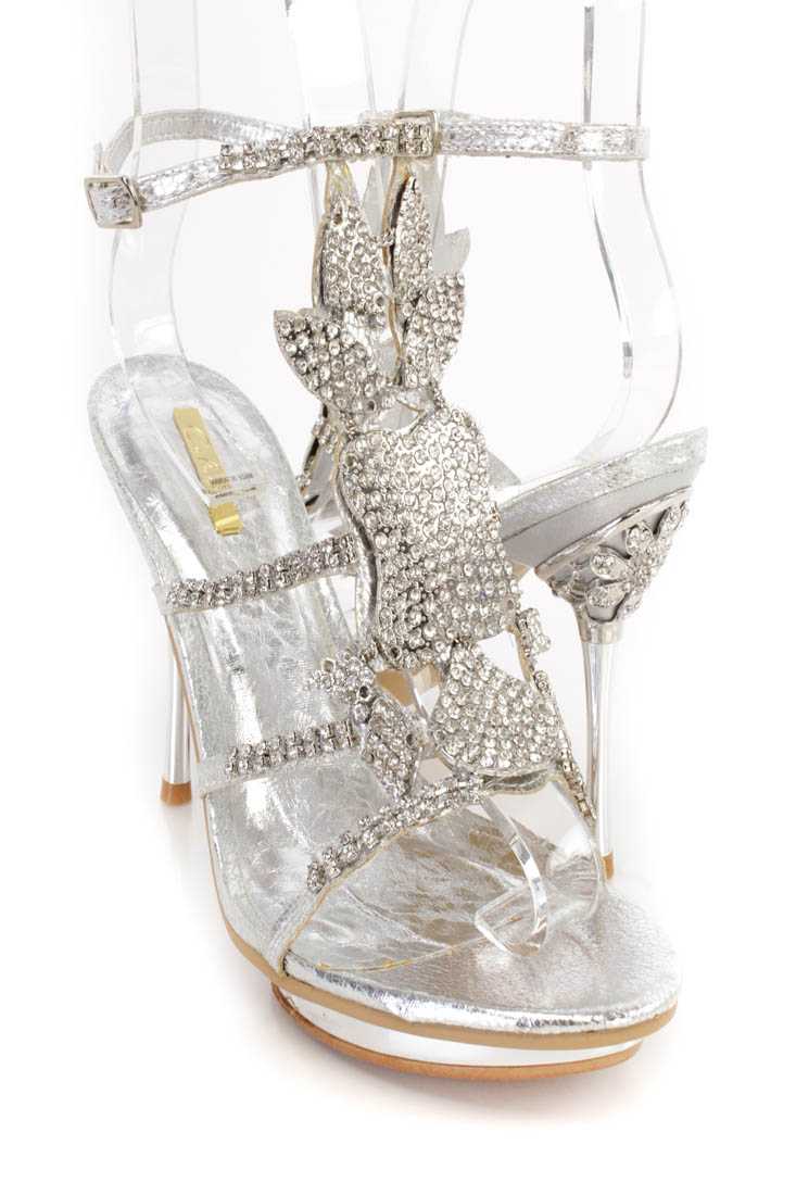 Silver Rhinestone Pendant Strappy Heels Faux Leather