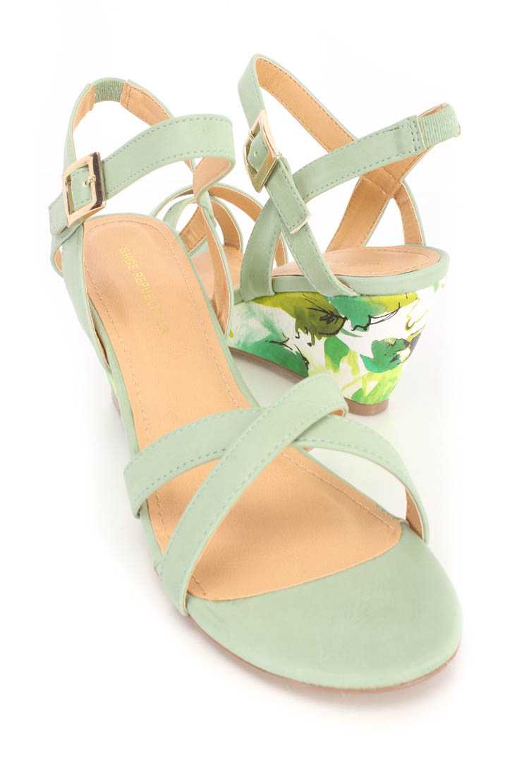 Mint Open Toe Floral Wedges Faux Leather