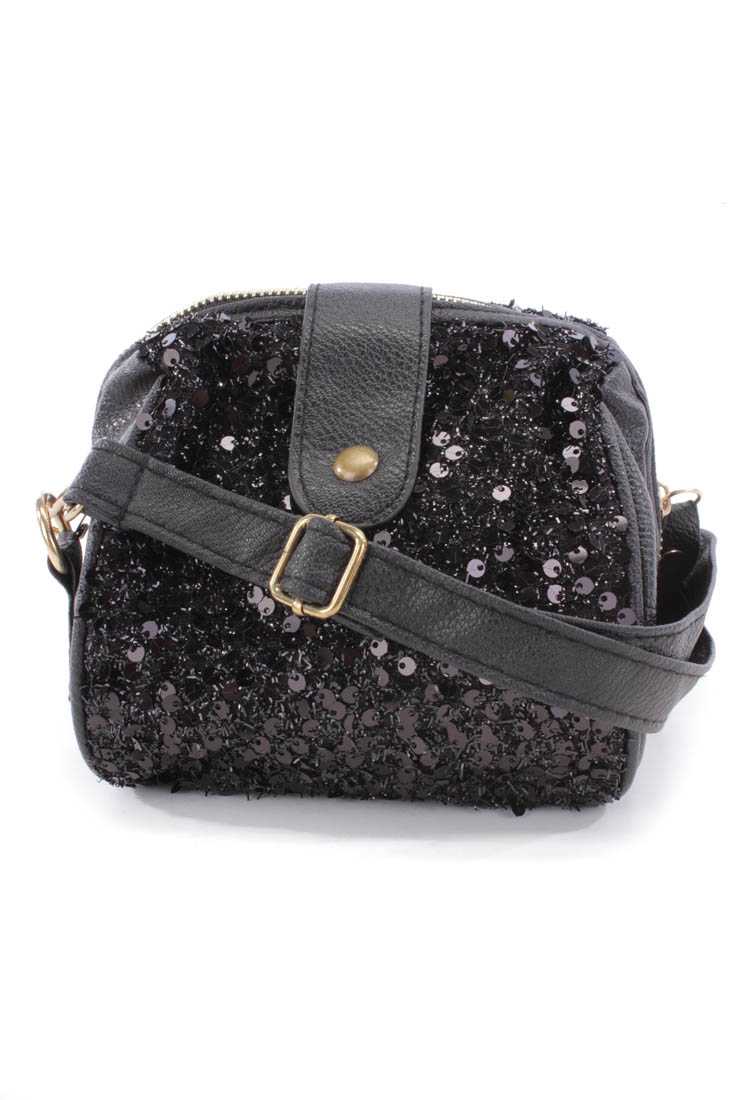 Black Sequin Faux Leather Mini Handbag