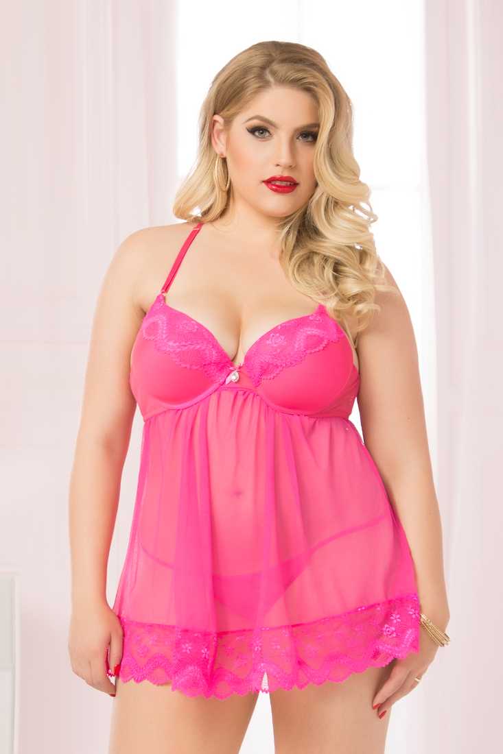 Pink Two Piece Plus Size Babydoll Set