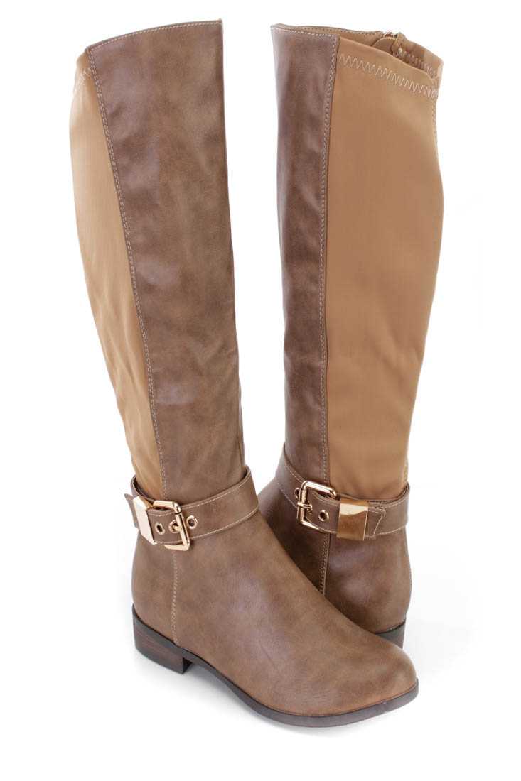 Taupe Buckle Strapped Riding Boots Faux Leather