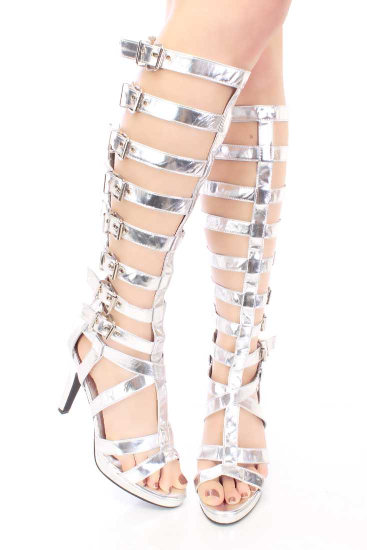 Silver Buckled Gladiator High Heels Faux Leather