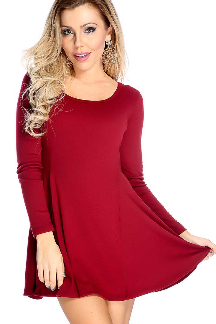 Wine Long Sleeve A-Line Causal Party Dress
