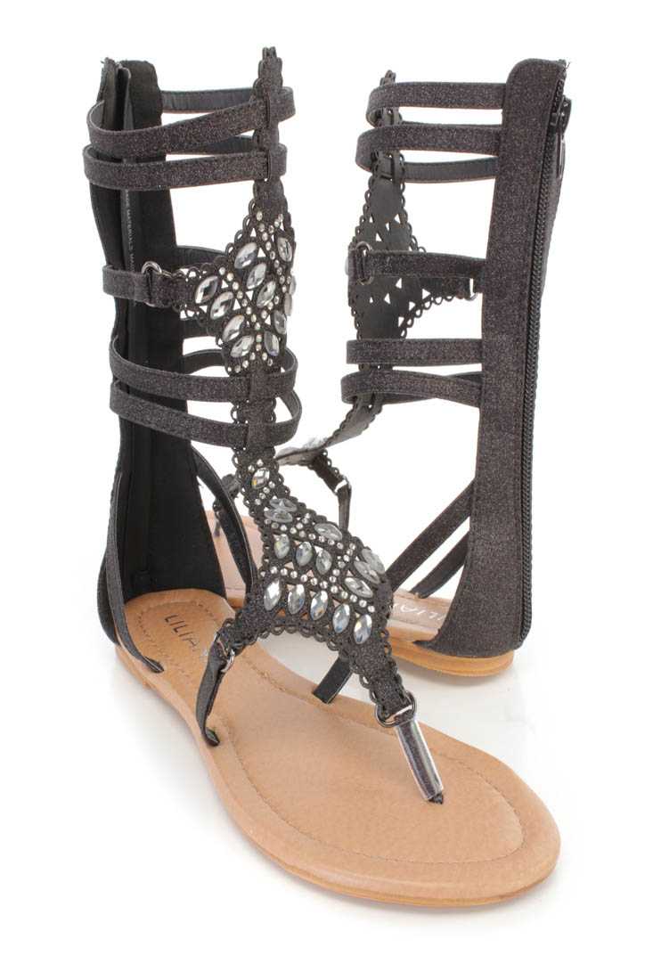 Black Rhinestone Strappy Gladiator Sandals Glitter