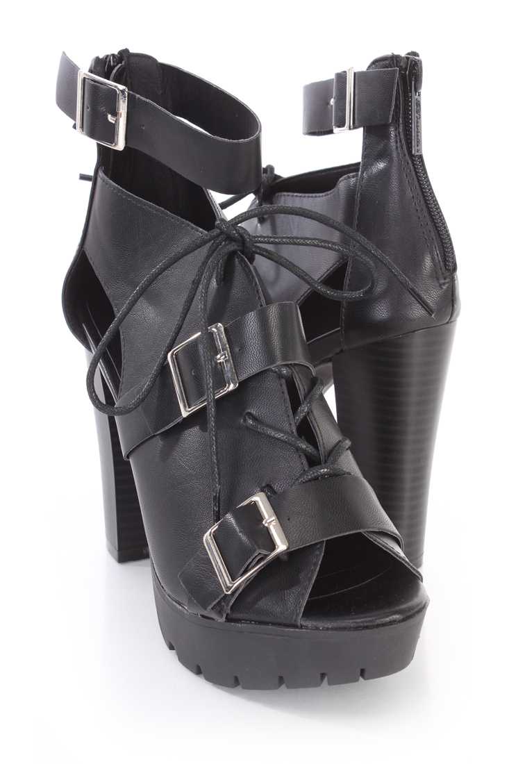 Black Buckle Strappy Platform Booties Faux Leather