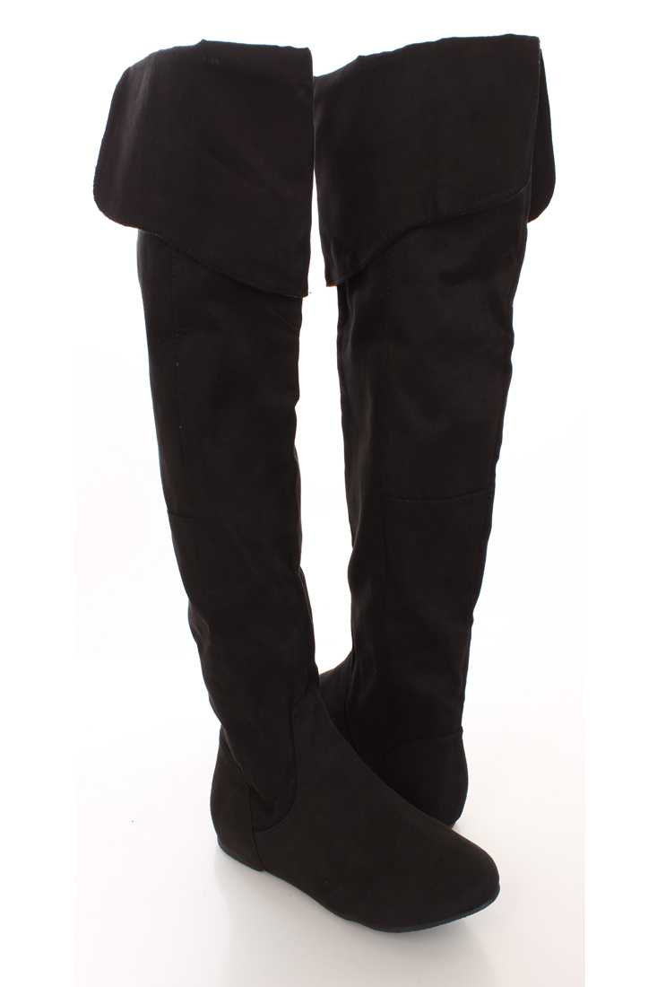 Black Faux Suede Knee Length Flat Boots
