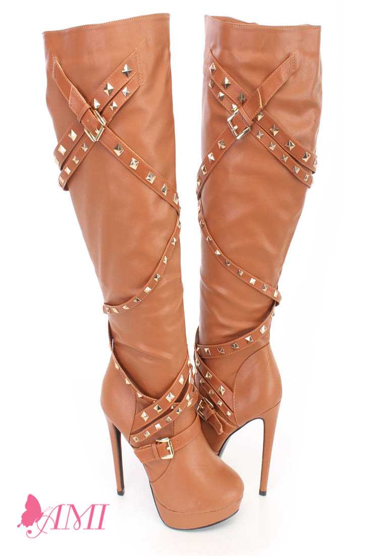 Cognac Studded Strappy High Heel Boots Faux Leather