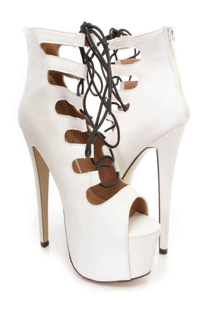 White Lace Up Strappy Platform High Heel Booties Faux Leather