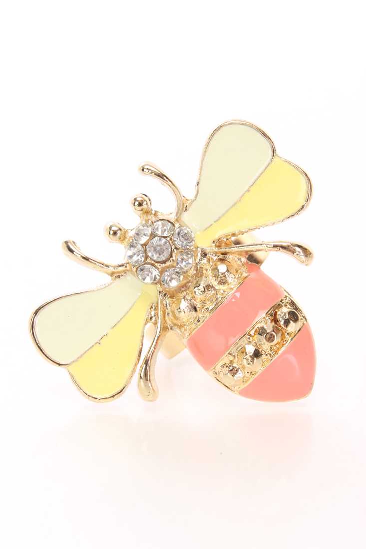 Coral High Polish Rhinestone Bee Ring