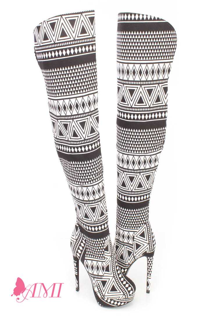 Black White Tribal Thigh High Platform High Heel Boots Fabric