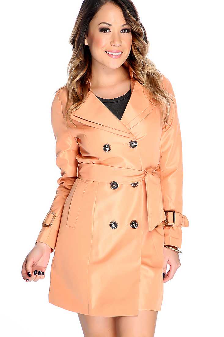 Peach Button Up Closure Belted Coat