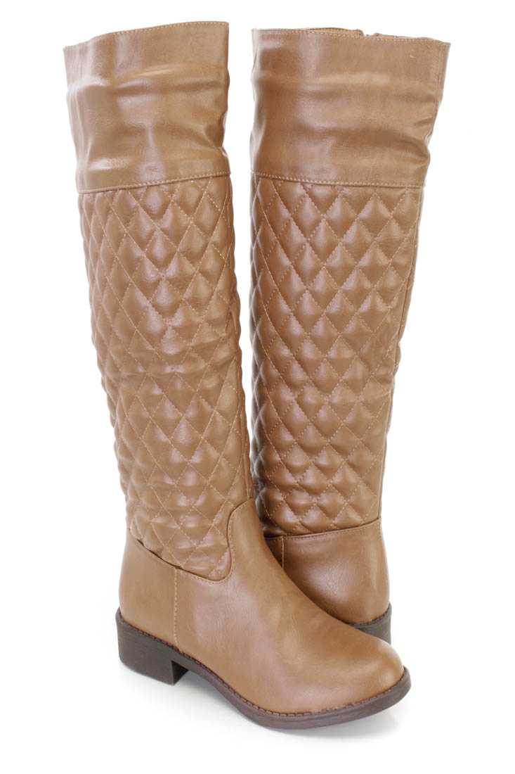 Cognac Quilted Ridding Boots Faux Leather