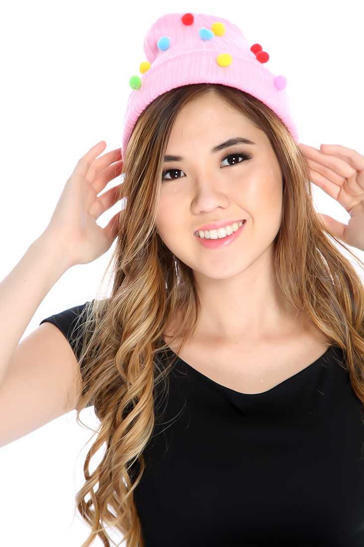 Pink Attached Pom Pom Ribbed Beanie