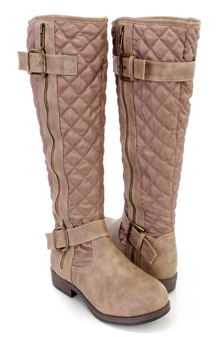 Taupe Stitched Quilted Strappy Riding Boots Nylon