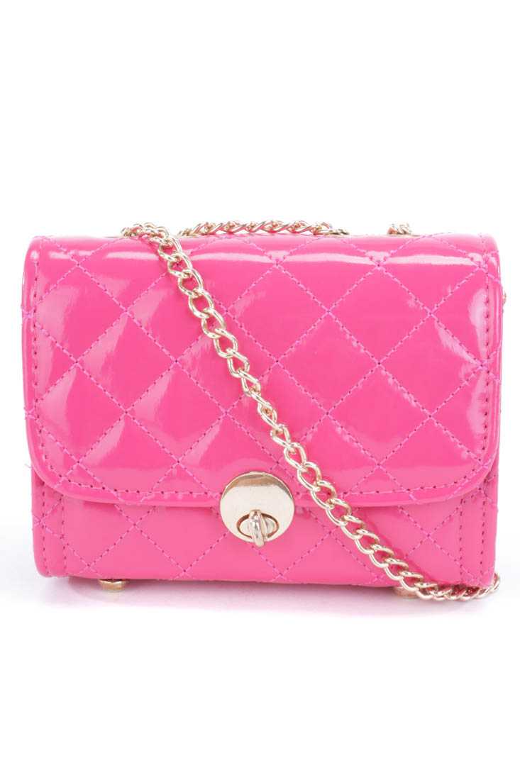 Fuchsia Patent Faux Leather Quilted Mini Handbag