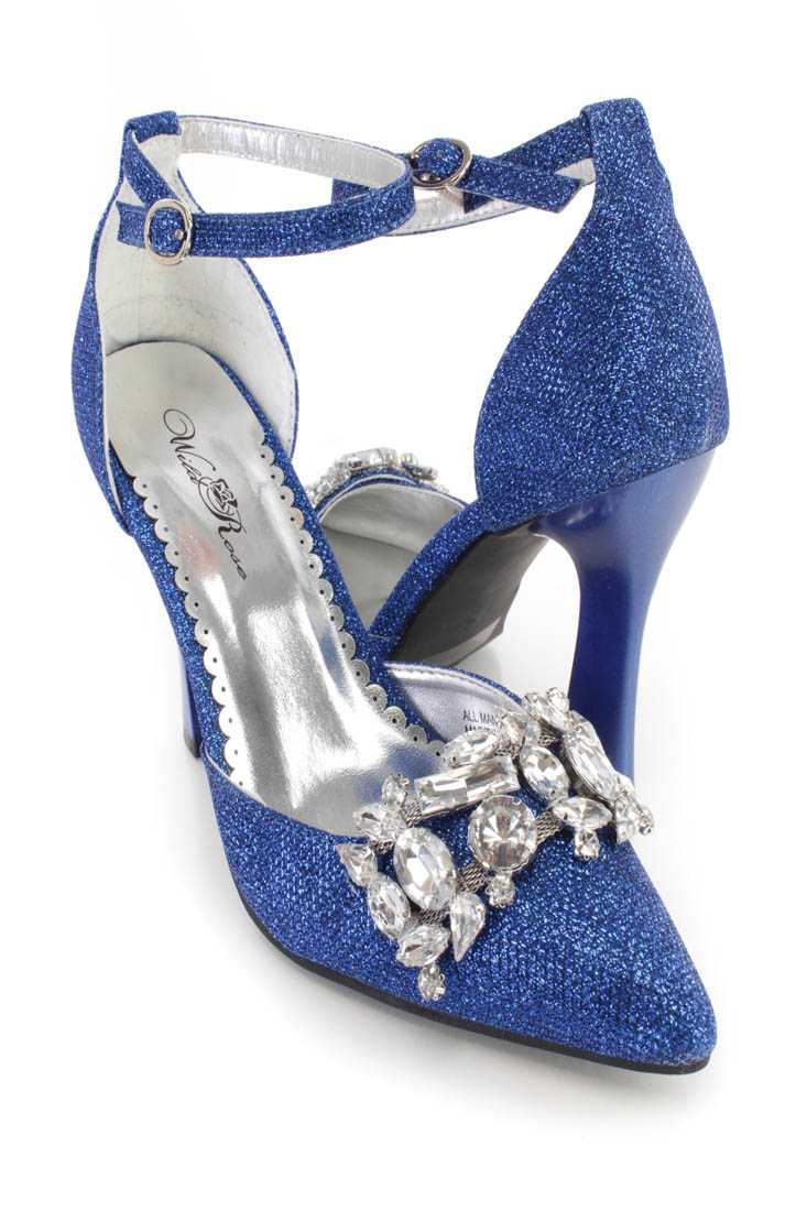 Royal Blue Gemstone Ankle Strap Single Sole Heels Glitter