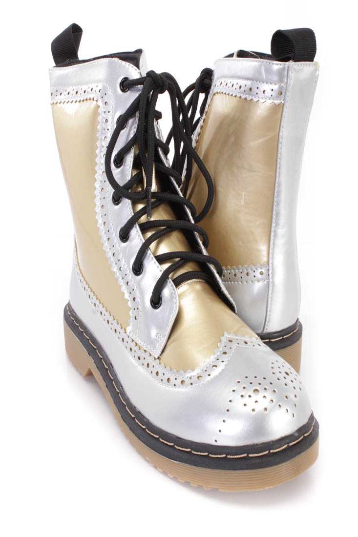 Gold Two Tone Wing Tipped Toe Combat Boots Faux Leather