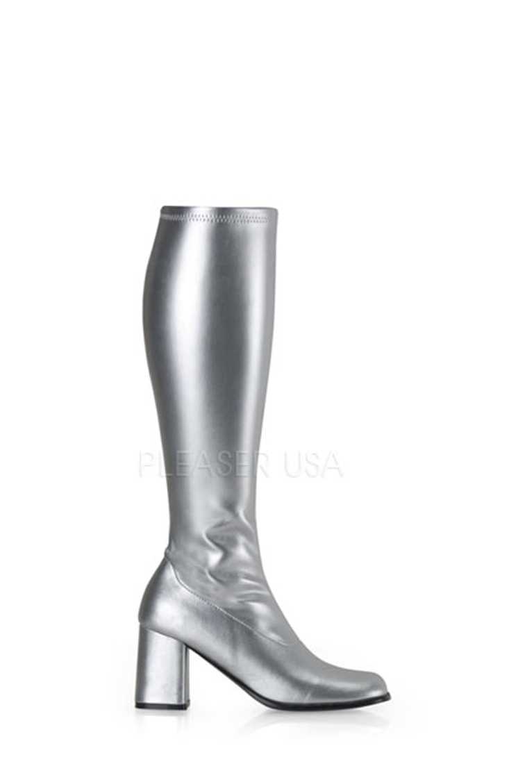 Silver Chunky Heel GoGo Boots Metallic Faux Leather