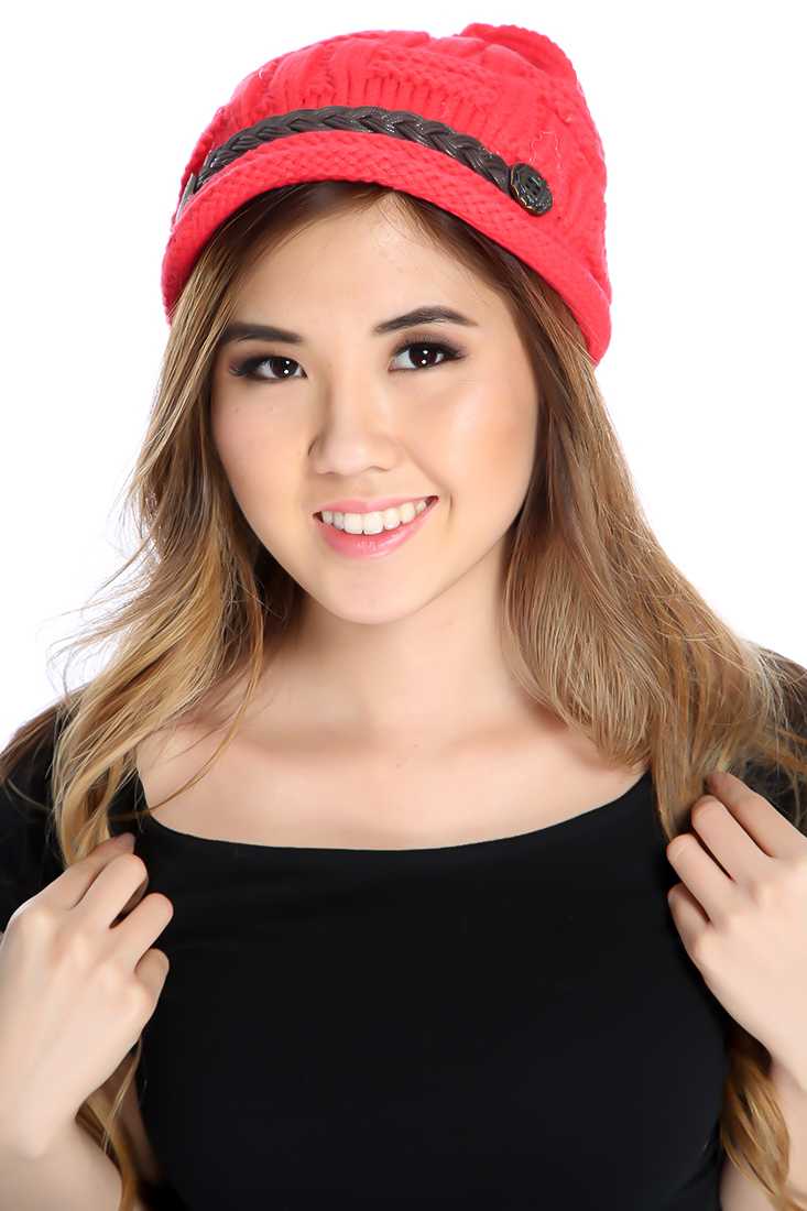 Red Coral Knitted Buttoned Braided Beanie
