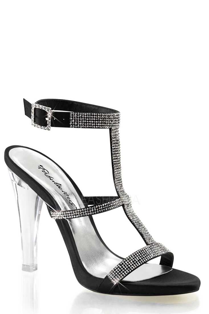 Black Rhinestone T Strap Satin High Heels