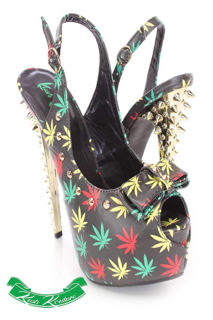 Black Studded Peep Toe Slingback High Heels Faux Leather
