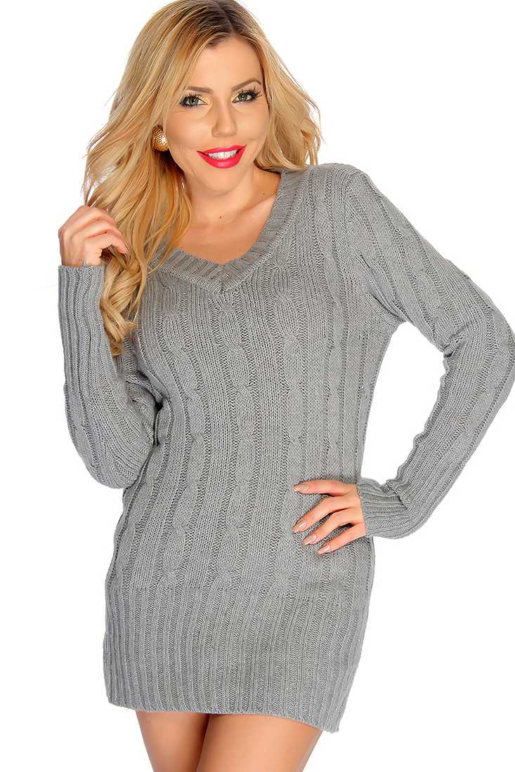 Grey V-neck Cable Knitted Long Sleeve Short Sweater Party Dress