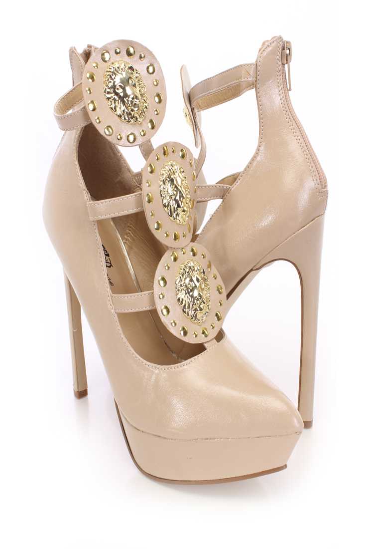 Natural Lion Head Platform Heels Faux Leather