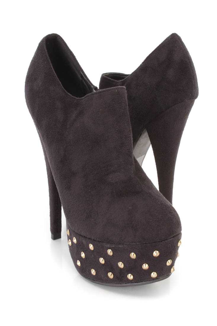 Black Studded Detail Platform Heel Booties Faux Suede