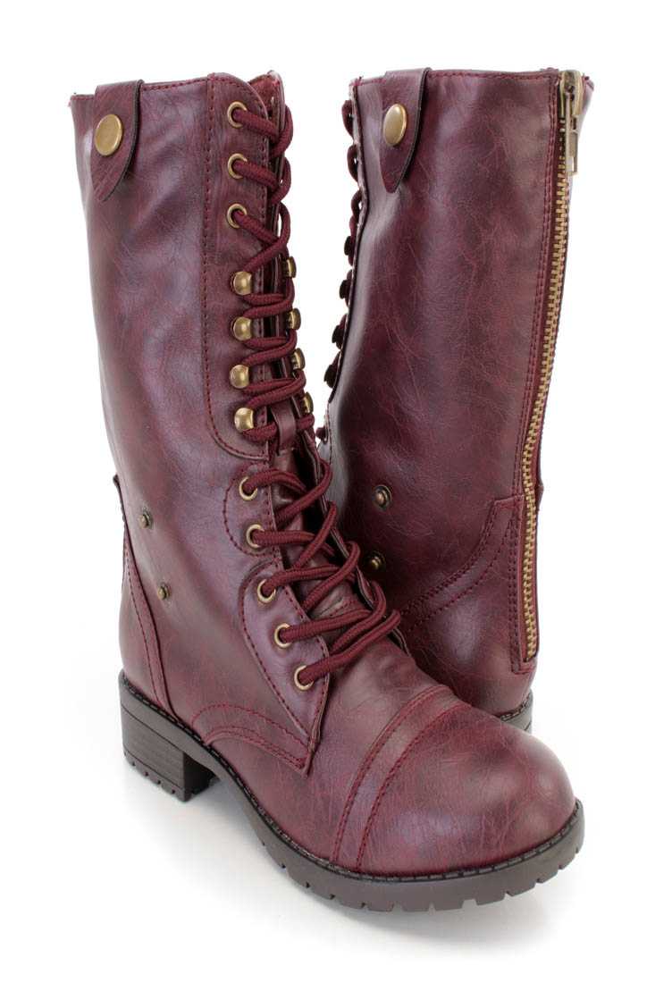 Wine Lace Up Combat Boots Faux Leather