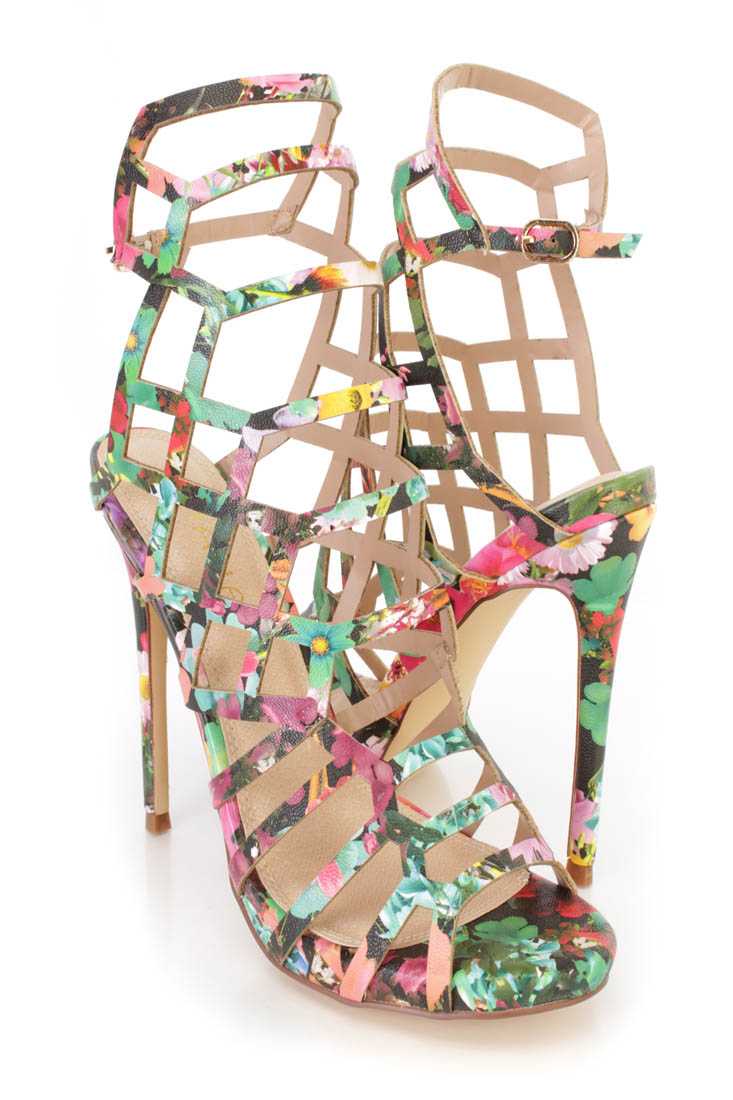 Floral Strappy Cut Out Single Sole High Heels Faux Leather