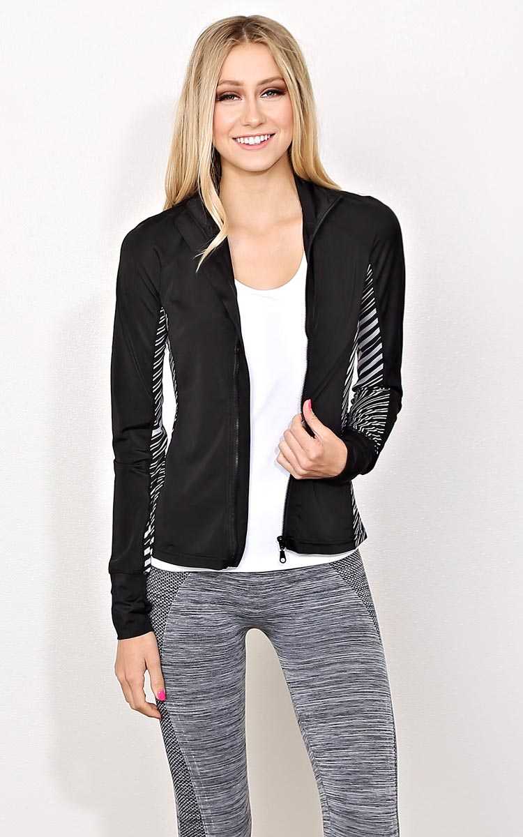 Athletic Striped Knit Performance Jacket - - Black/White in Size by Styles For Less