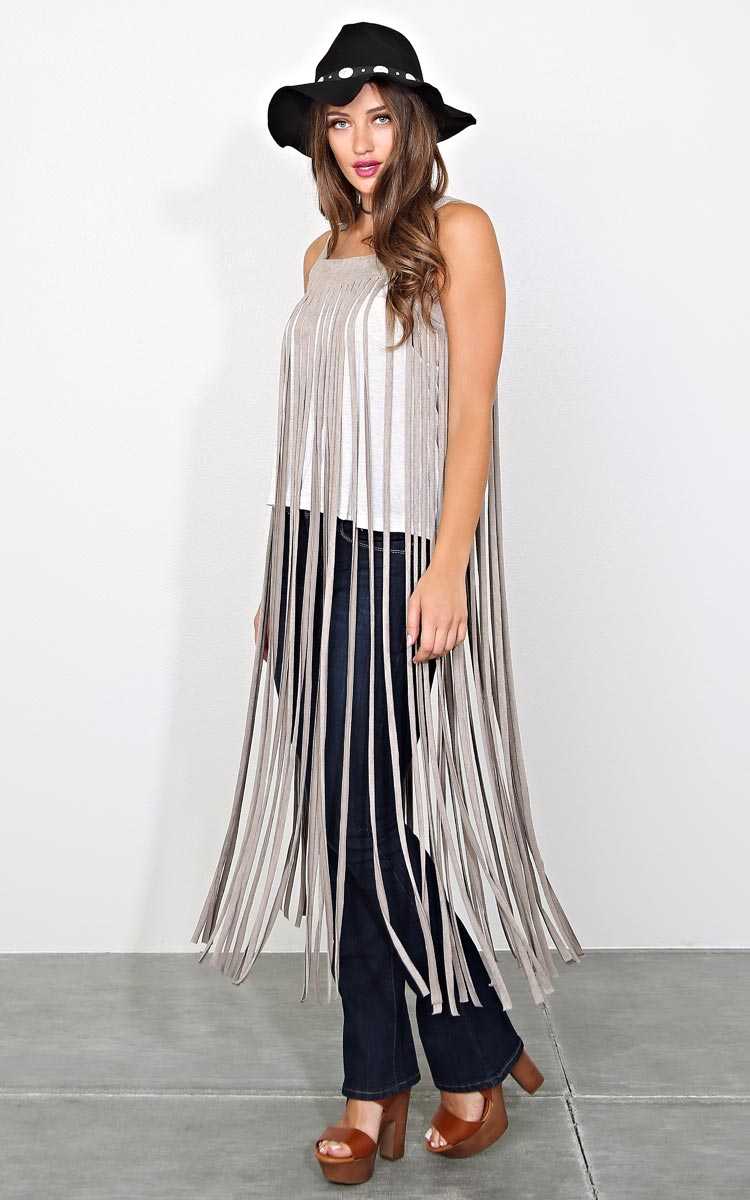 Fiona Faux Suede Fringe Layering Tunic - SML - Taupe in Size Small by Styles For Less