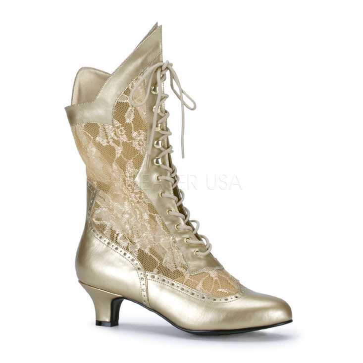 Gold Metallic Faux Leather Lace Up Victorian Boots