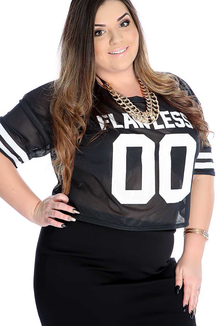 Black Graphic Design Perforated Casual Plus Size Top