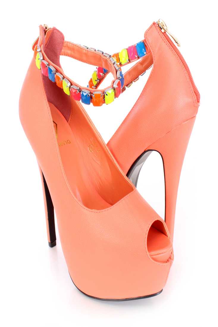 Coral Beaded Ankle Strap Heels Faux Leather