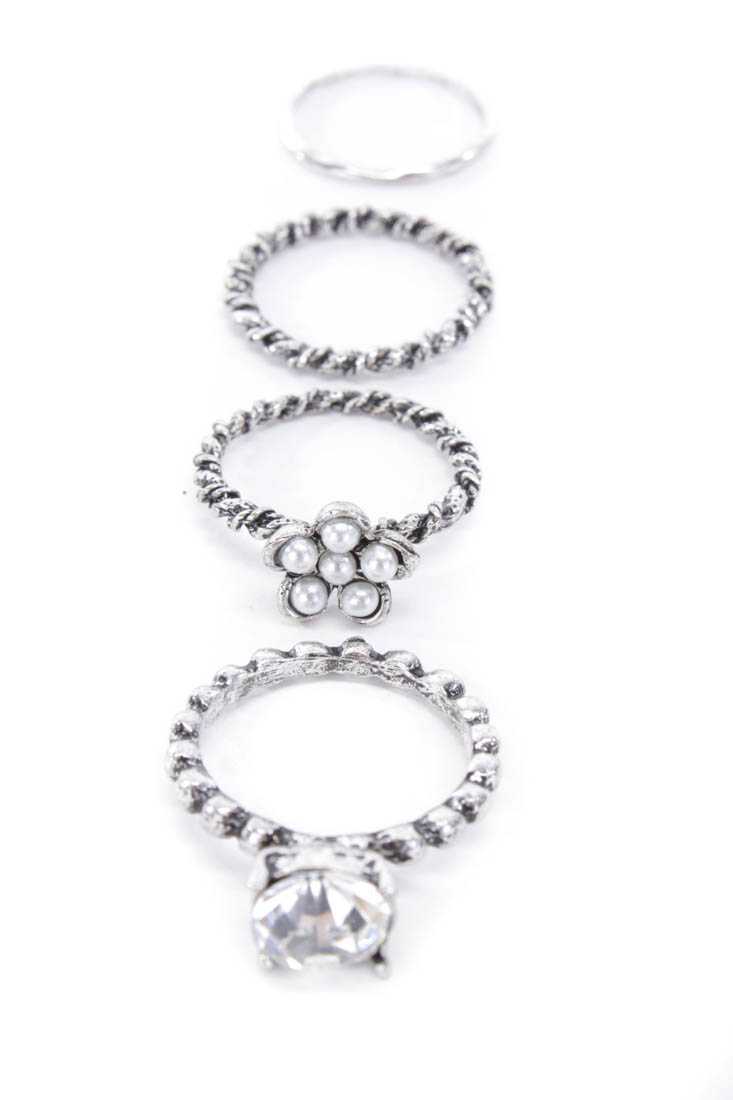 Silver Rhinestone Accent High Polish Ring Set