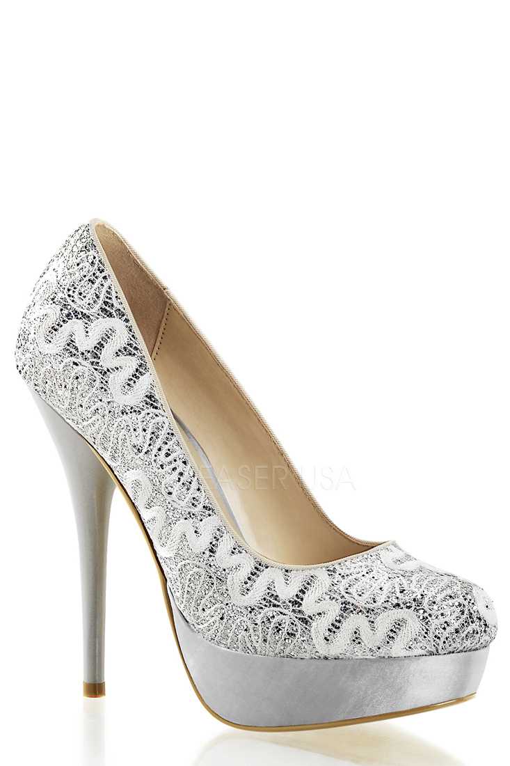 Silver Crochet Lace Platform Pump High Heels Glitter