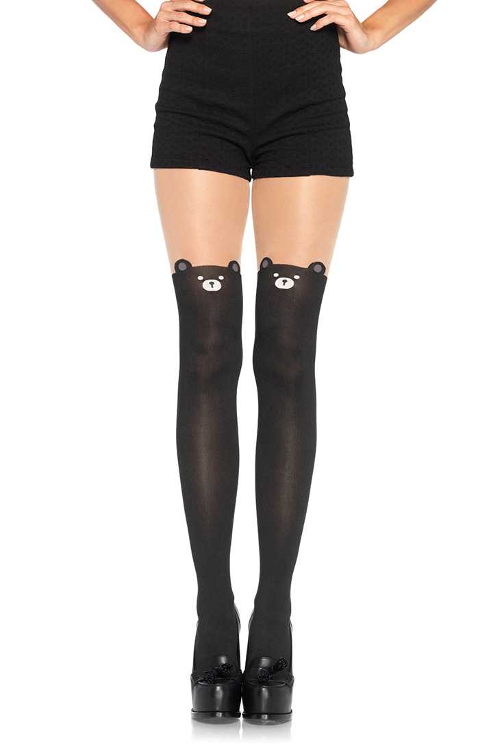 Black Bear Opaque Thigh High Accent Pantyhose Hosiery