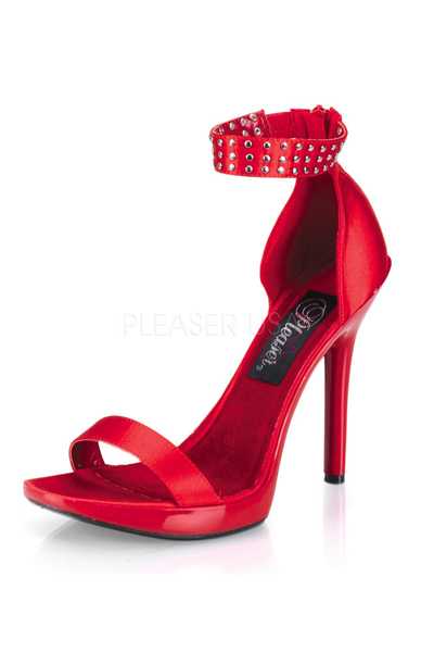 Red Studded Satin Strappy Open Toe High Heels
