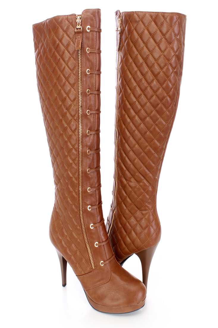 Camel Quilted Lace Up Boots Faux Leather