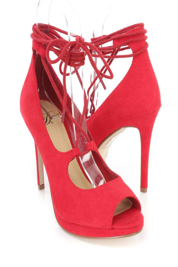 Lipstick Peep Toe Wrap Around Tie High Heels Faux Suede