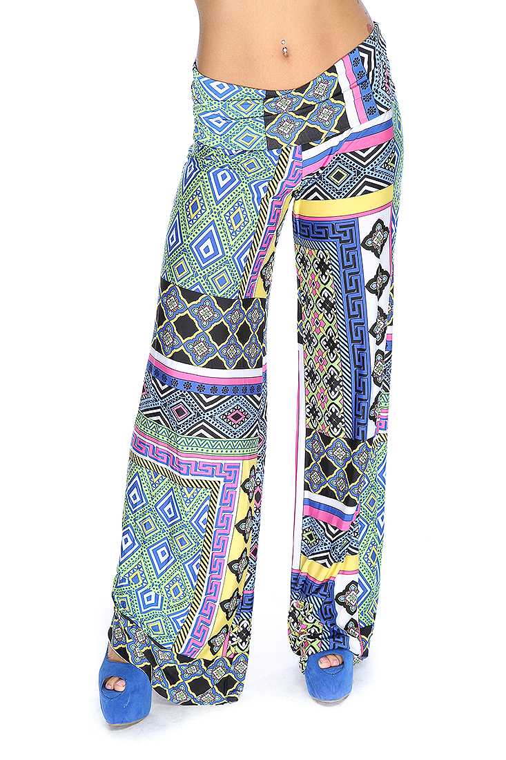Royal Blue Lime Geometric Print Wide Leg Cute Casual Pants