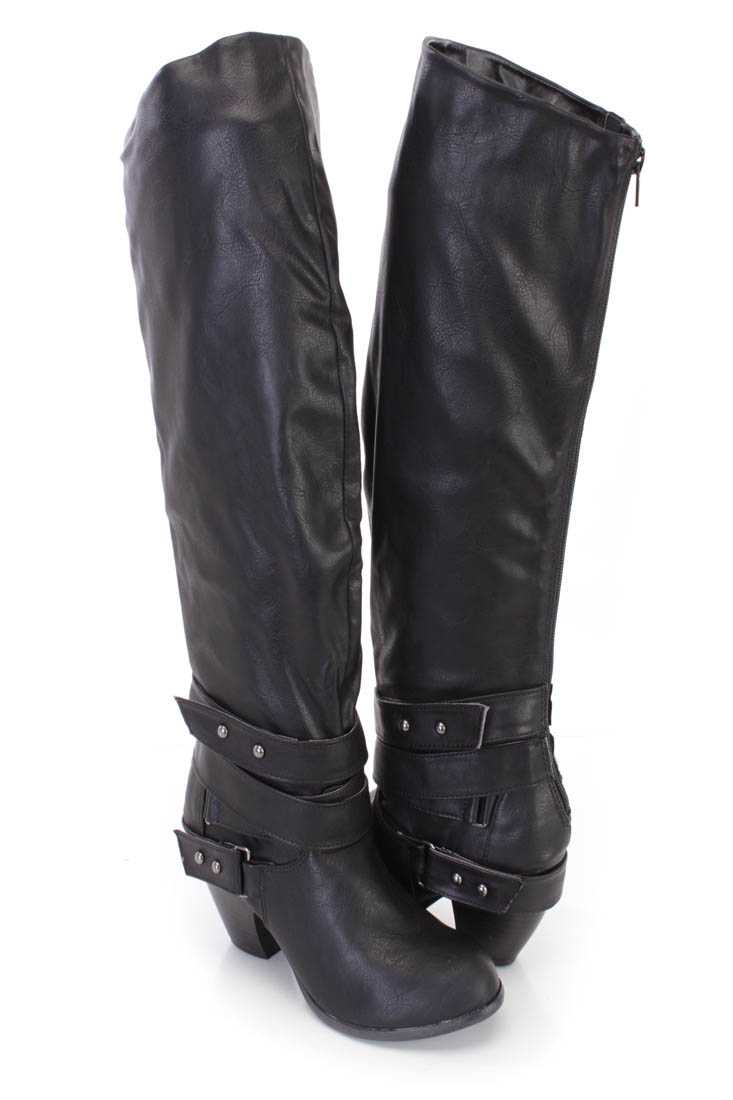 Black Strappy Knee High Riding Boots Faux Leather