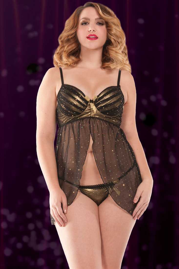 Gold Black Metallic Bow Detailed Babydoll Lingerie Plus Size