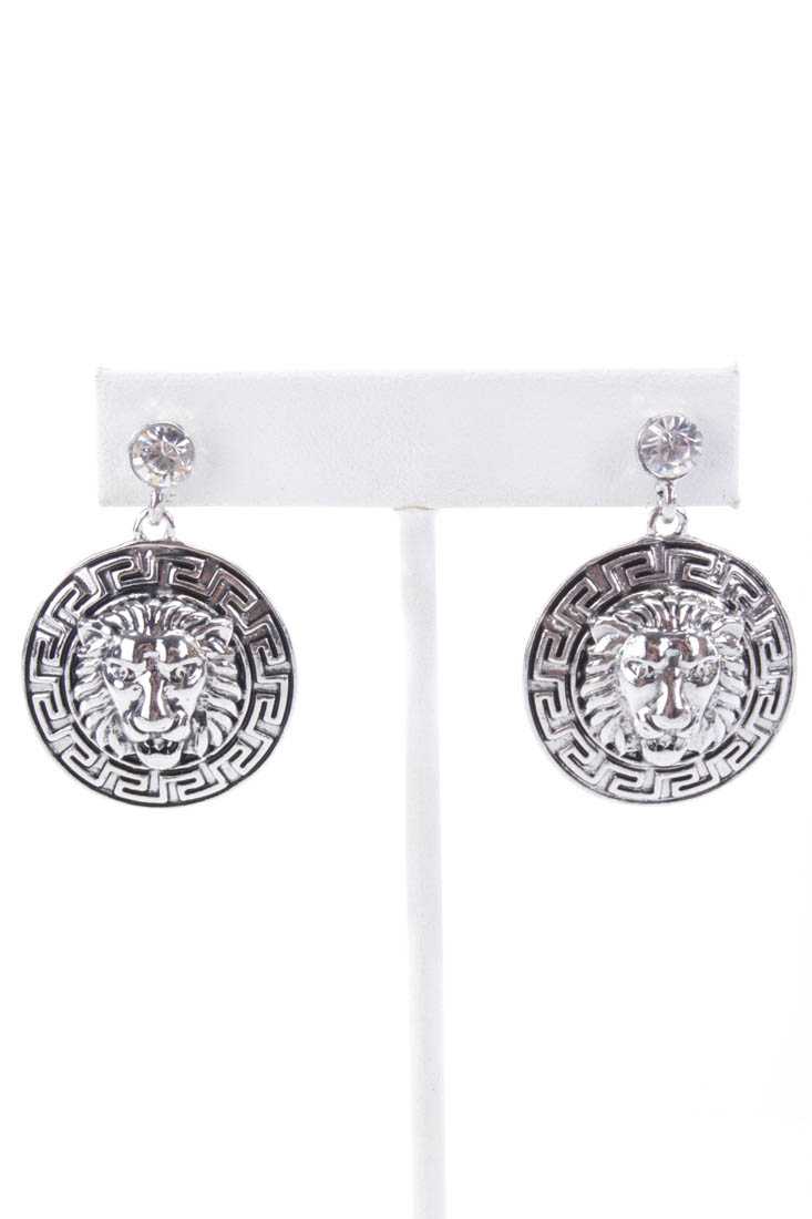 Silver Animal Carved Rhinestone Detail High Polish Earrings