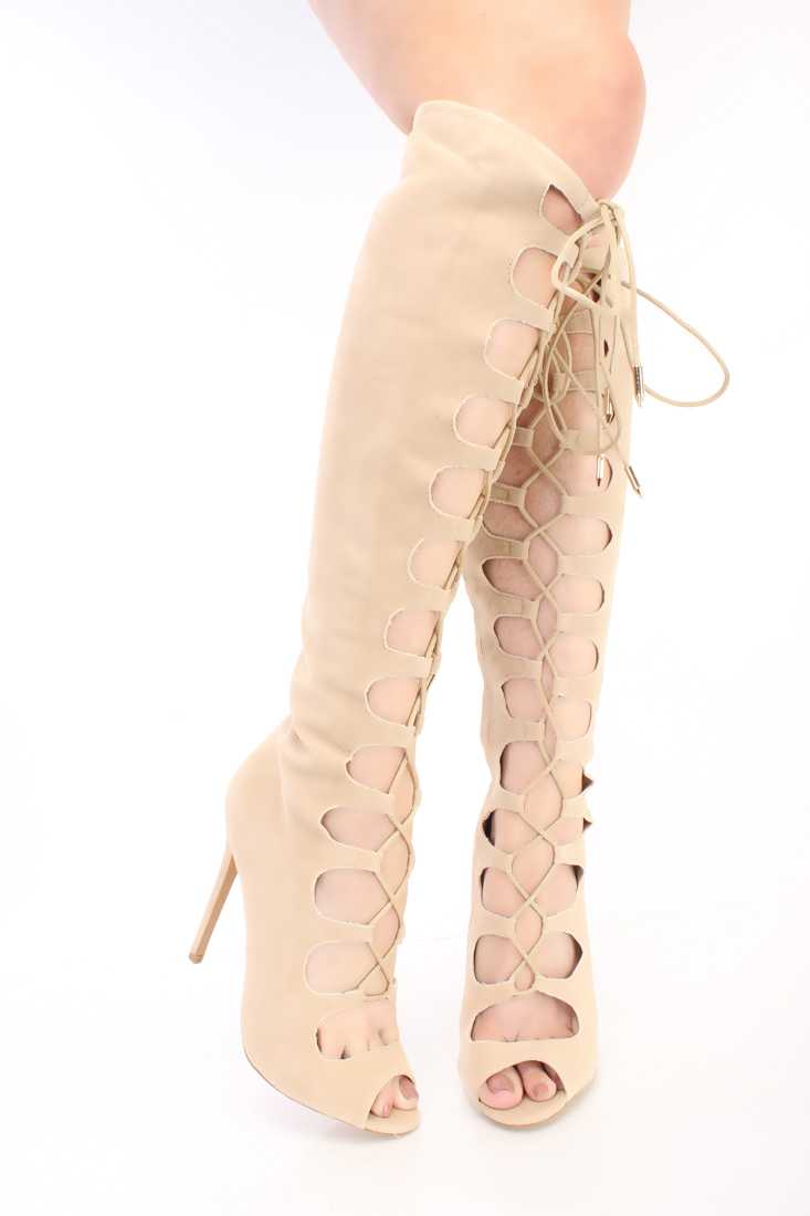 Nude String Lace Up Gladiator Boots Faux Suede
