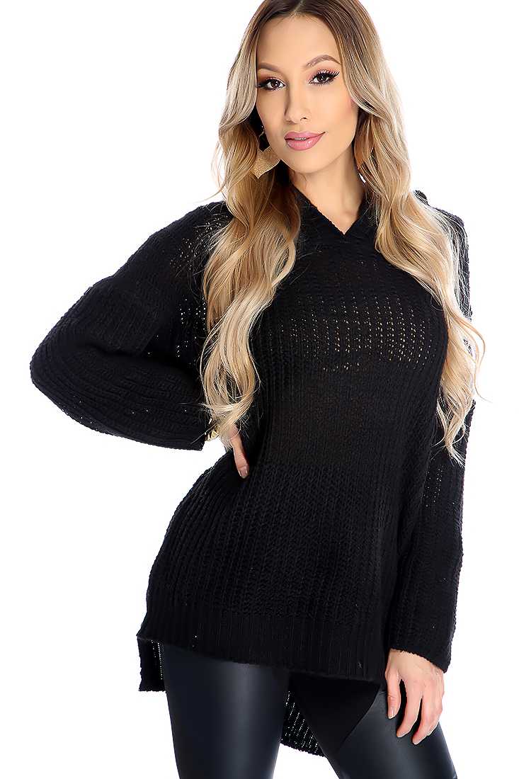 Black Knitted Hooded Oversize Sweater