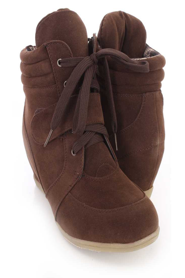 Coffee Lace Up Mid Strap Sneaker Wedges Faux Suede