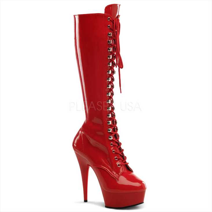 Red Stretch Patent Lace Up Knee High Boots
